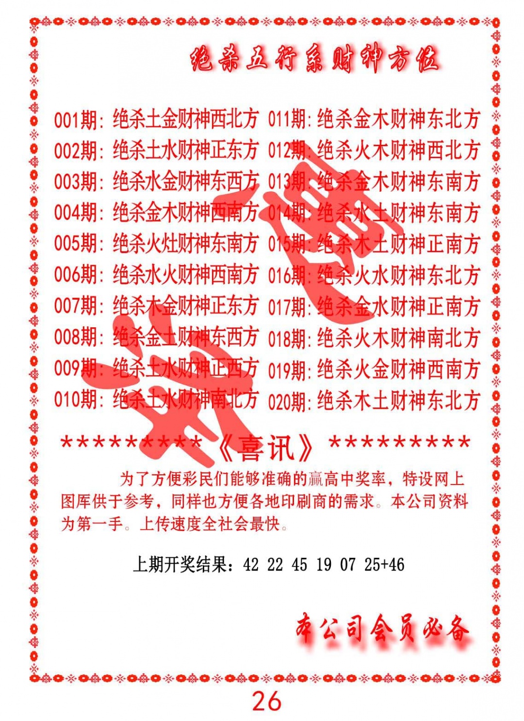 020期绝杀五行及财神方位[图]