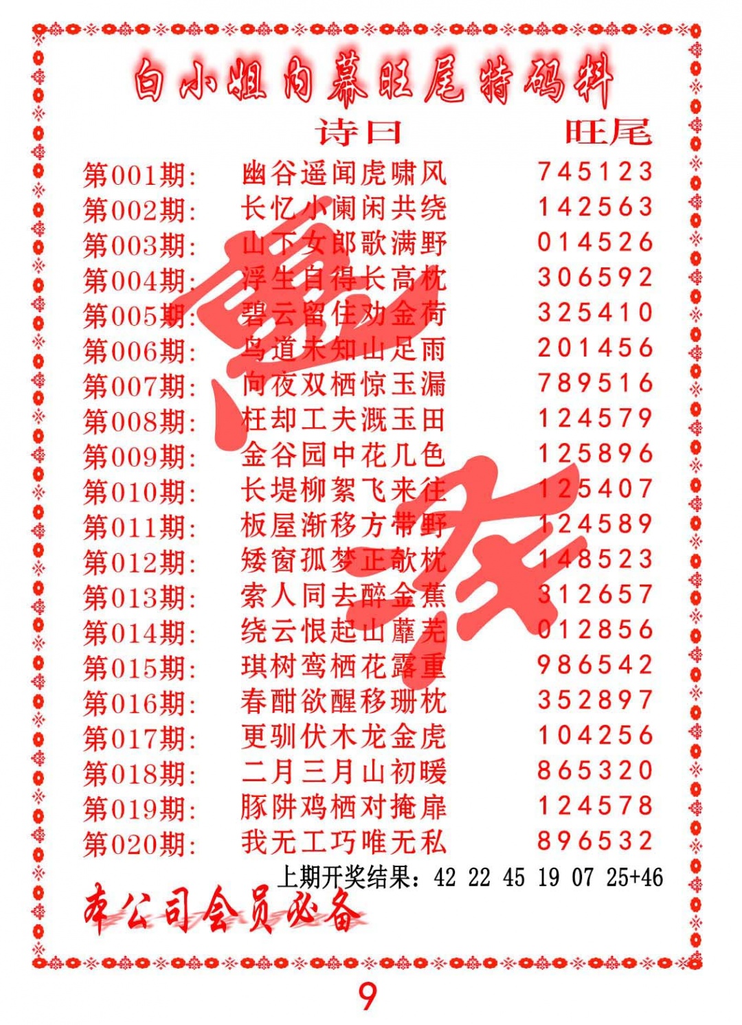 020期内幕旺尾特码料[图]